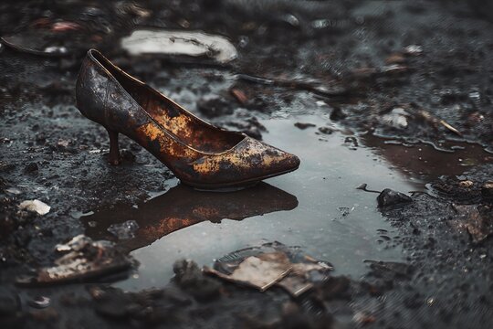 A single high-heel shoe stands in a muddy puddle with a clear reflection
