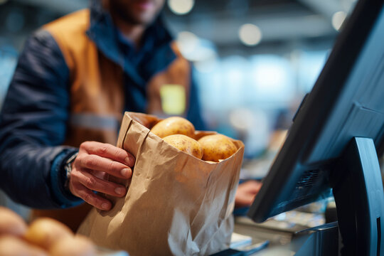 A man is standing behind a counter with a bag of potatoes in his hand