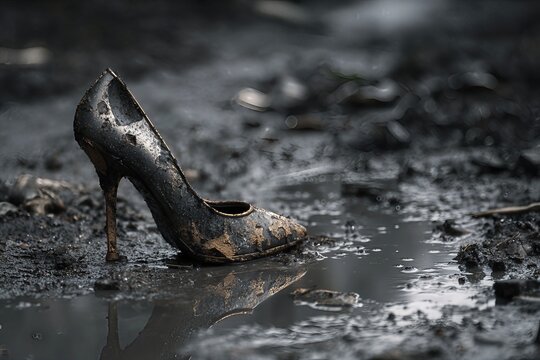 A single high-heel shoe stands in a muddy puddle with a clear reflection