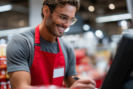 A smiling man in a red apron is writing at a cash register