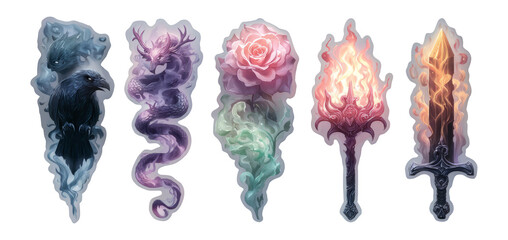 Vibrant Artistic Illustrations of Unique Fantasy Objects on Transparent Background