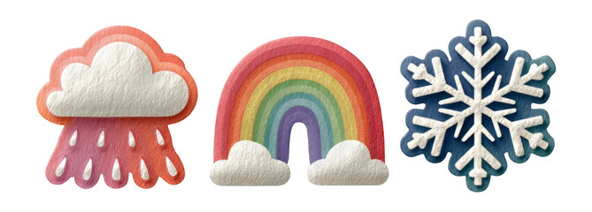 Colorful Rain Cloud, Rainbow and Snowflake Illustrations on Isolated Background