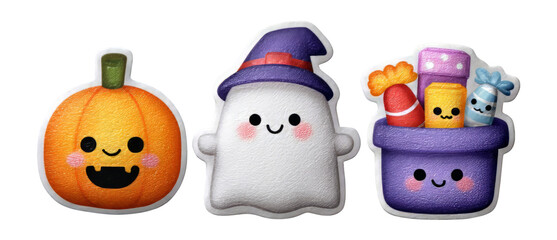 Cute Halloween Characters: Pumpkin, Ghost, and Trick-Or-Treat Basket Illustration