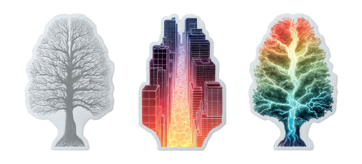 Abstract Tree Designs with Modern Cityscape and Vibrant Colors on Isolated Background