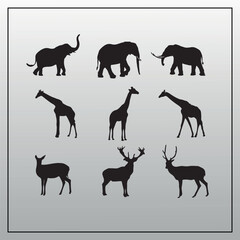 Collection of diverse wild animal silhouettes, featuring majestic elephants, graceful giraffes, and elegant deer in various dynamic poses for design