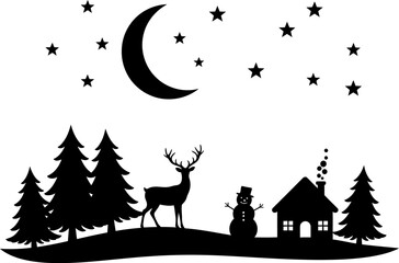 Black and White Christmas Night with Deer, Snowman, and Cabin Vector Illustration