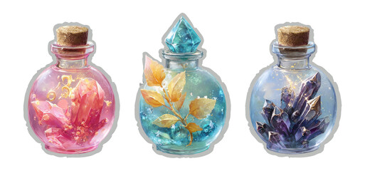 Colorful Gemstone Potion Bottles with Unique Crystals on Transparent Background