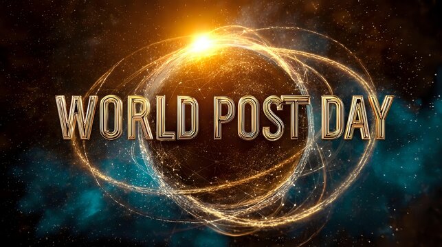 Abstract cosmic glowing envelopes orbiting a radiant text "World Post Day" - Powered by Adobe