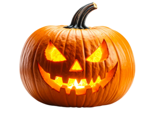 A classic carved halloween pumpkin with a scary face, glowing from within with warm l 