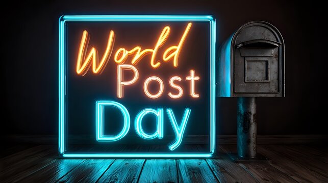 Abstract neon mailbox with glowing letters inside highlighting luminous text "World Post Day"