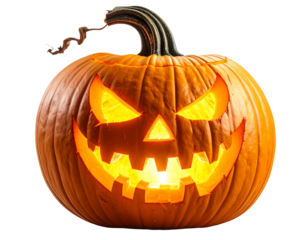 A classic carved halloween pumpkin with a scary face, glowing from within with warm l