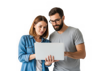 Young couple collaborating on laptop browsing the internet together in modern office isolated on transparent background