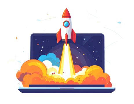 A dynamic illustration of a rocket launching from a laptop screen, symbolizing innova