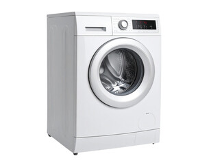  A white washing machine with silver elements, on the front of which is an LED display