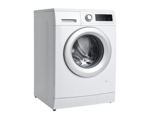 A white washing machine with silver elements, on the front of which is an LED display
