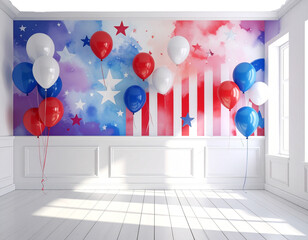 A pristine white room adorned with colorful balloons, stars, and a patriotic wall mur