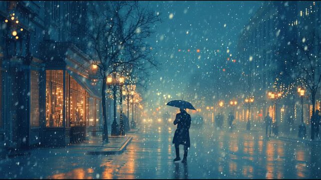Snow falls softly on a quiet street lined with glowing lights and cozy cafes during a winter evening stroll