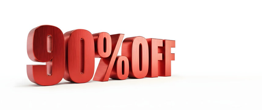 A ninety percent off sale promotion in red lettering against a plain white background image display