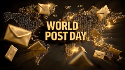 Golden envelopes flying across a glowing world map with radiant text World Post Day at the center, symbolizing global communication