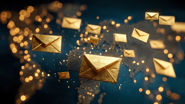 Golden envelopes flying across a glowing world map with radiant text World Post Day at the center, symbolizing global communication