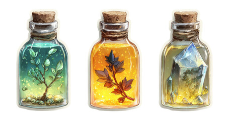 Beautifully Crafted Glass Bottles Containing Fantasy Elements and Scenic Nature