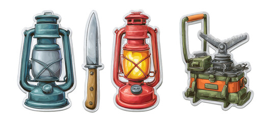 Three Vintage Lanterns and Knife Isolated on Transparent Background for Design Use