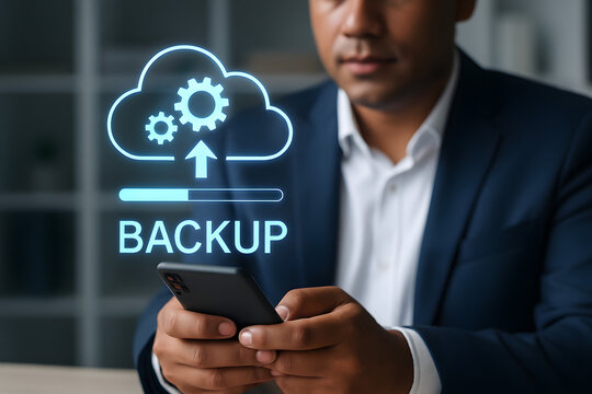 Backup concept, Online digital data storage and connection service. Businessman using smartphone with backup status bar for data backup management. - Powered by Adobe