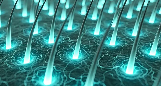 Closeup 3d render of hair follicles glowing with blue light, suggesting advanced hair growth stimulation animated 4k video