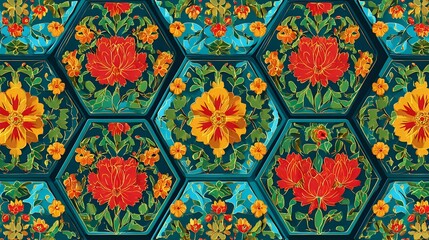 Radiant geometric craft tile pattern with repeating hexagons filled with folk floral motifs