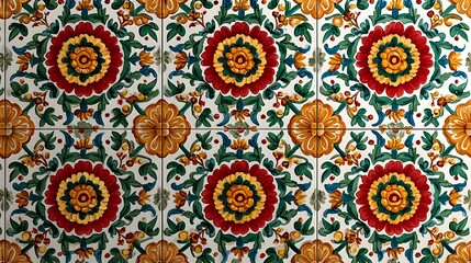 Repeating ceramic craft inspired tile patterns featuring floral medallions in radiant cultural tones