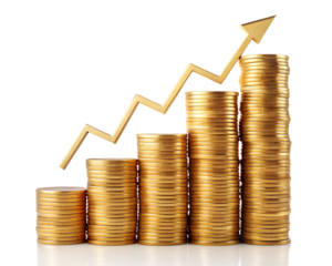 Stacks of gold coins with a rising arrow graph indicating financial growth, isolated on transparent background