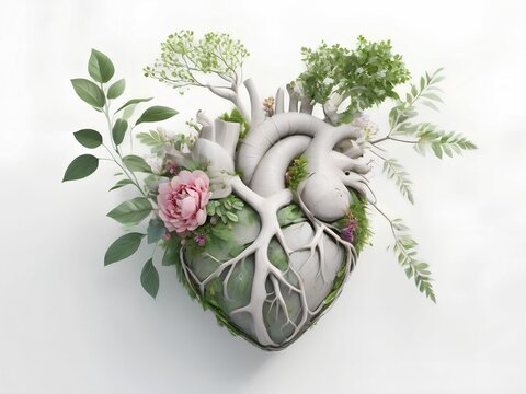 Surreal heart made of tree branches and blooming flowers. 3D concept blending human anatomy with nature — a symbolic representation of life, growth, and harmony. Botanical elements, leaves