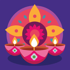 Colorful Diwali Diyas with Mandala and Flower Petals on White Background