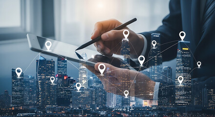Businessperson Using Tablet with Location Pins Overlay Digital Technology and Global Network