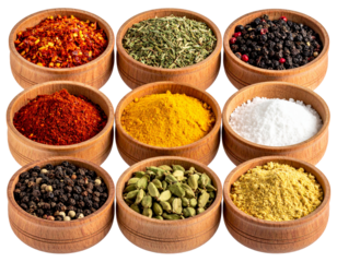 Assorted dried spices and herbs in eight wooden bowls on transparent background