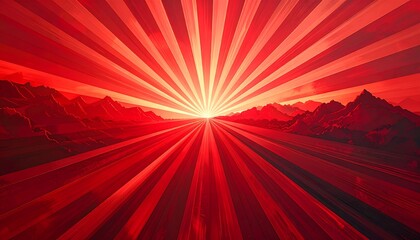 A dramatic, fiery sunset illuminates a mountain landscape. Radiating beams of red light stretch across the sky. The view is cinematic