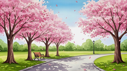 Watercolor Cherry Blossom Trees Lining a Park Path with Bench