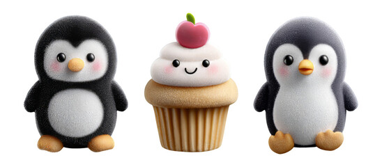 Cute Cartoon Penguins and Cupcake with Cherry on Transparent Background