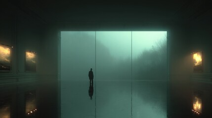 Mysterious Figure Stands Alone In Vast Dark Hall With Glowing Panels And Foggy Window