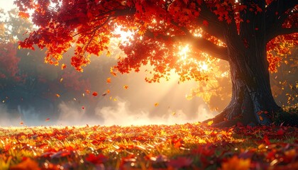 Autumnal tree with red leaves in a golden landscape