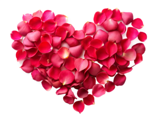 Heart shape made of red and pink rose petals, isolated on transparent background