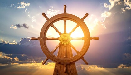 Majestic wooden ship's wheel silhouetted against a radiant golden sky, symbolizing strong leadership, strategic navigation, and the journey towards new opportunities and a clear future direction