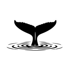 Silhouette of a whale tail emerging from rippling water creating concentric circles on a white background