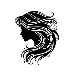 Elegant silhouette of a woman s profile with flowing wavy hair and decorative swirls