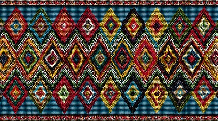 Tribal beadwork pattern featuring repeating diamond shapes in radiant ornamental cultural hues