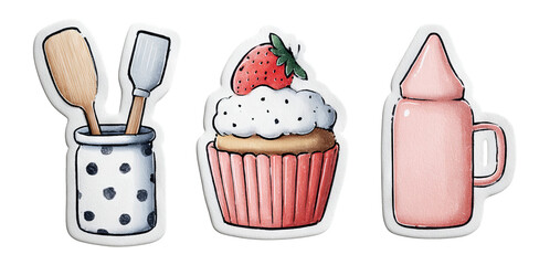 Cute Kitchen Objects with Cupcake, Spoons, and Syrup Bottle on Transparent Background
