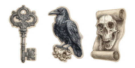 Detailed Vintage Key, Raven, and Skull Illustration on Transparent Background