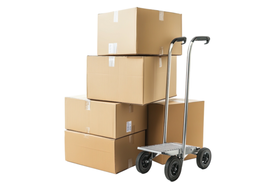 Cardboard boxes stacked on hand truck against black background