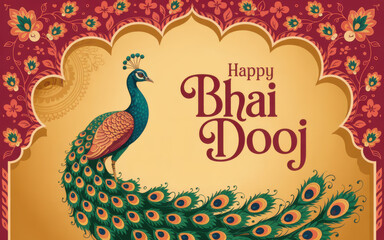Fototapeta premium Beautiful Bhai Dooj Card with Peacock, Traditional Arch, and Festive Greetings Design