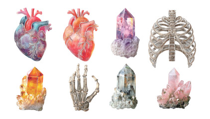 Vibrant Artistic Illustrations of Hearts, Crystals, and Bones on Transparent Background